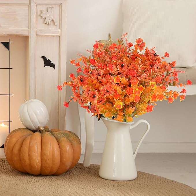 AmyHomie 20 Bundles Mix Orange Artificial Fall Flowers for Outdoor Fall Decor UV Resistant Fake Mums No Fade Fake Plastic Plants Garden Porch Window Box Decorating