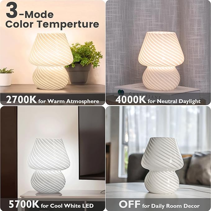 USB Plug-in Mushroom Lamp Small Bedside Table Lamp with 3 Temperature LED Bulb,Free Dimming Nights Light for Bedroom/Living Room/Entryway/Corner Decor (Stripe White)