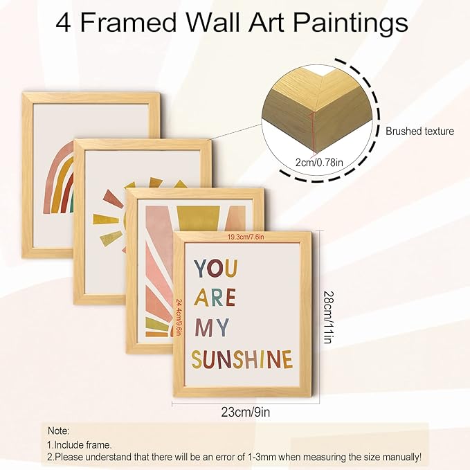 You Are My Sunshine Wall Decor for Girls Bedroom - Boho Framed Wall Art, 8'' x 10'' Set of 4, Rainbow Nursery Decor for Classroom, Playroom