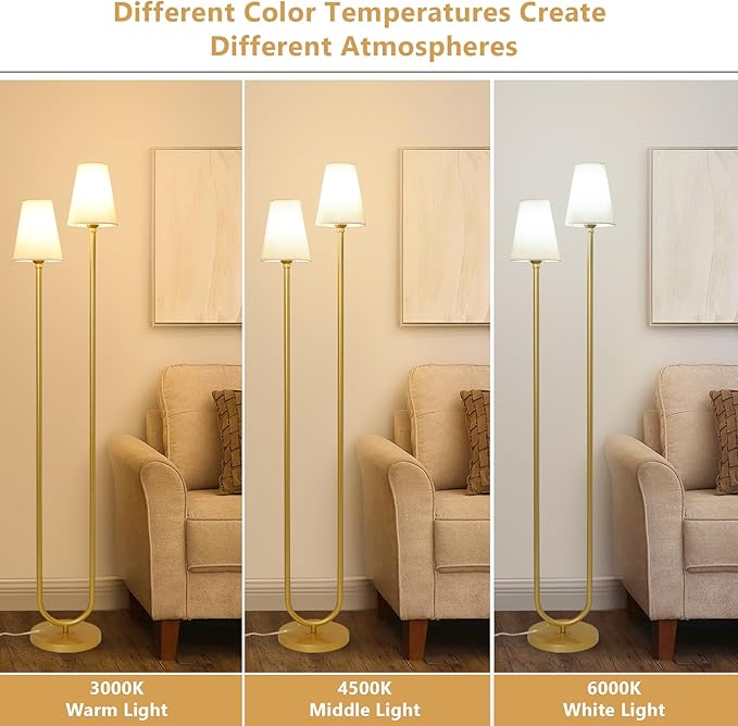 HMVPL Gold Floor Lamps for Living Room, Brass Corner Floor Lamp with Fabric Lampshade, Mid Century Standing Lamp with On/Off Foot Switch, Modern Tall Lamp for Living Room Bedroom Nursery Office(66")
