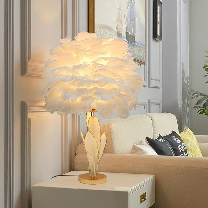 ZYLEIESENBAO Chic White Feather Lamp Creative Furry Table Lamp Modern Feather Desk Lights Romantic Princess Bedside Nightstand Light for Teen Girls Bedroom Decoration Living Room Wedding Kids Room