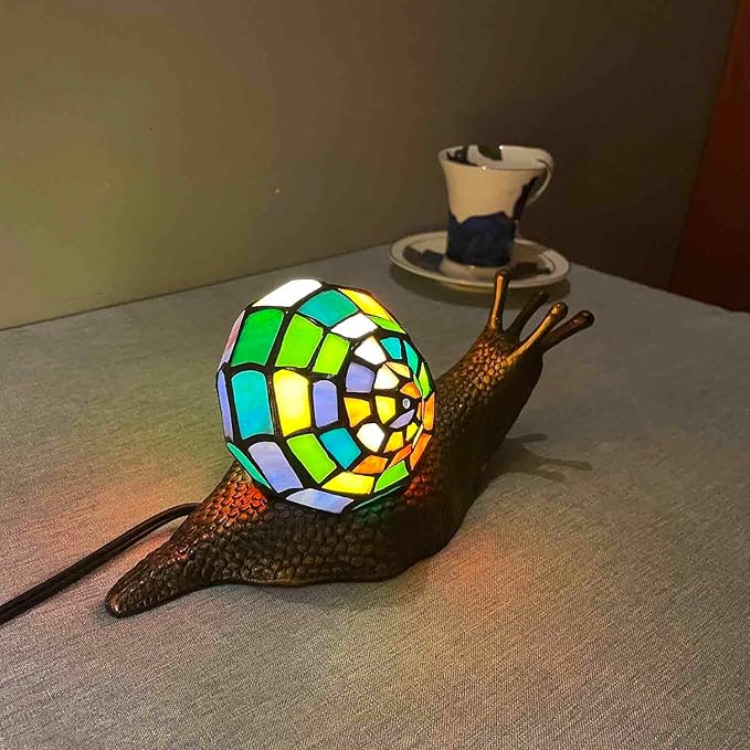 Bieye L13003 Land Snail Tiffany Style Stained Glass Accent Table Lamp for Home Decoration (Multicolor, 10" D x 5" W x 5" H)