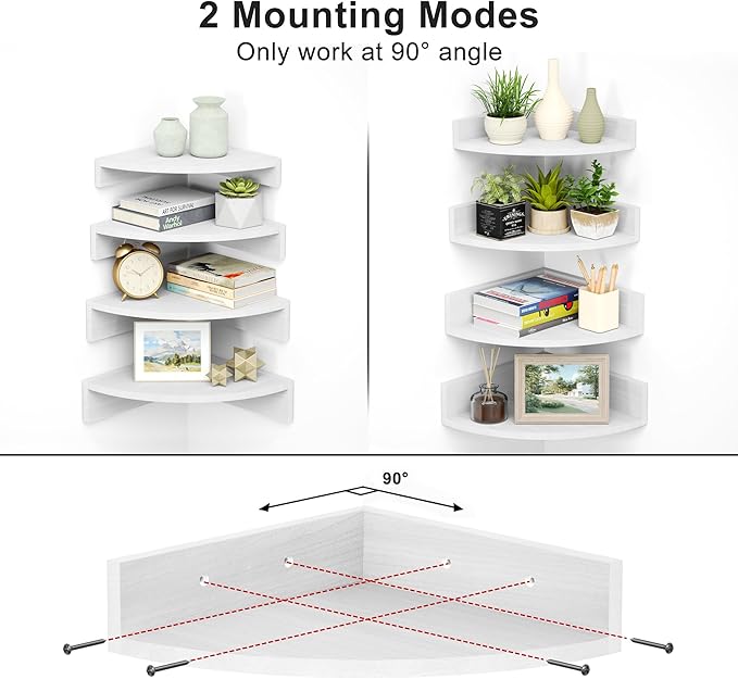 Alsonerbay White Corner Shelf Wall Mount, Set of 4 Floating Shelves for Storage and Display, Large Wooden Shelves for Bedroom, Living Room, Bathroom, Entryway, Garage