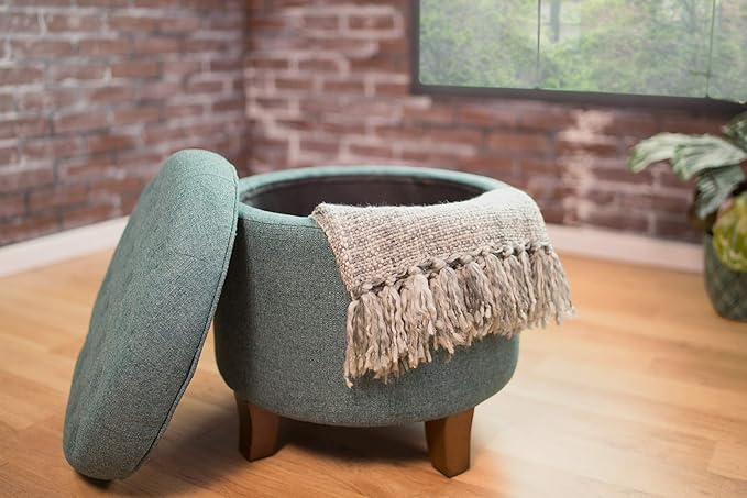 HomePop by Kinfine Fabric Upholstered Round Storage Ottoman - Button Tufted Ottoman with Removable Lid, Teal Woven