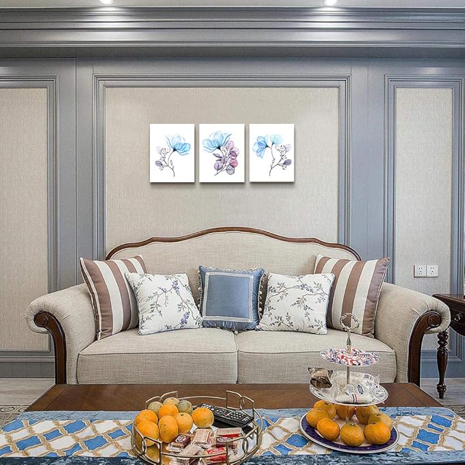 3 Piece Modern Blue Flowers Canvas Wall Art for Bedroom Living Room decor,Bathroom Wall Decor,3 Panels framed Wall Watercolor Painting Kitchen Home Decoration Canvas Print Artwork Wall Mural