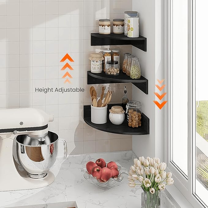 Homode Corner Floating Shelves, Set of 3 Corner Shelves Wall Mounted with Cable Hole, 3 Tier Wooden Hanging Corner Storage Shelf for Bedroom, Living Room, Kitchen, Black