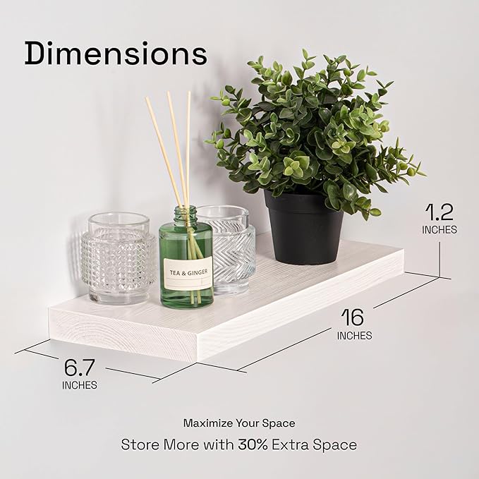 BAOBAB WORKSHOP Wood Floating Shelves for Wall White - Bathroom Floating Shelves White - Small Wall Mounted Shelf White for Bedroom Kitchen Living Room - 16D x 6.7W Inch, Set of 2