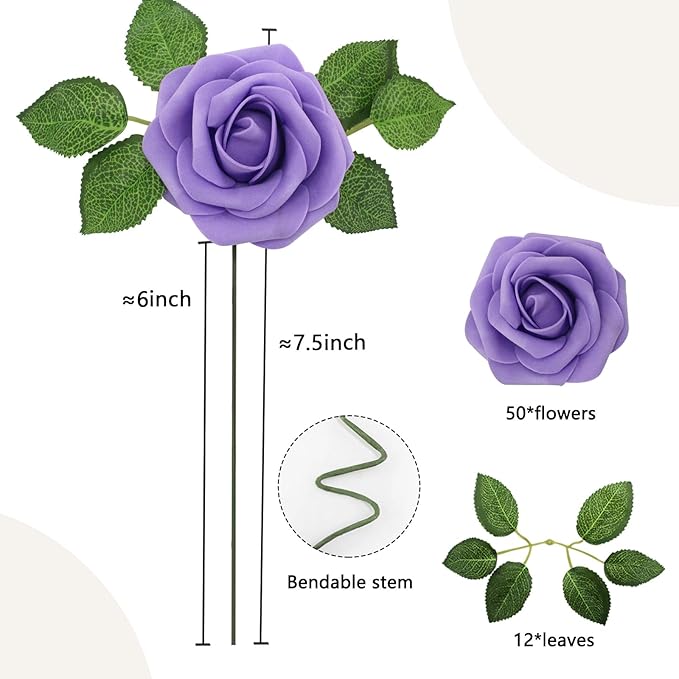 50PCS Artificial Flowers Purple Roses Real Looking Foam Fake Roses with Leaves and for DIY Wedding Bouquets Bridal Shower Centerpieces Party Decorations (Purple, 50)