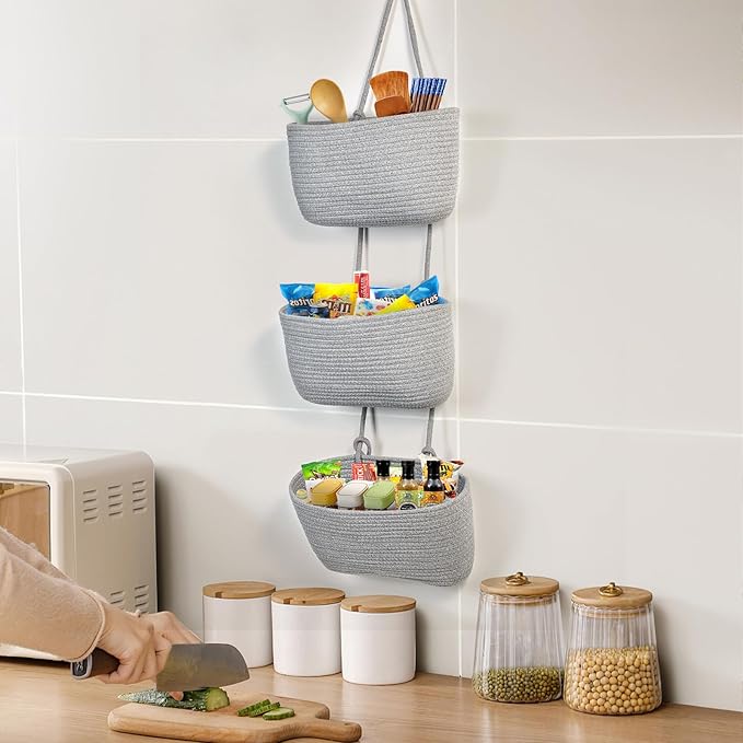 DULLEMELO Wall Hanging Basket for Home Decor 3-Tier Woven Cotton Wall-Mounted Hanging Storage Basket, Decorative Woven Storage Basket with Door Hooks, Gray