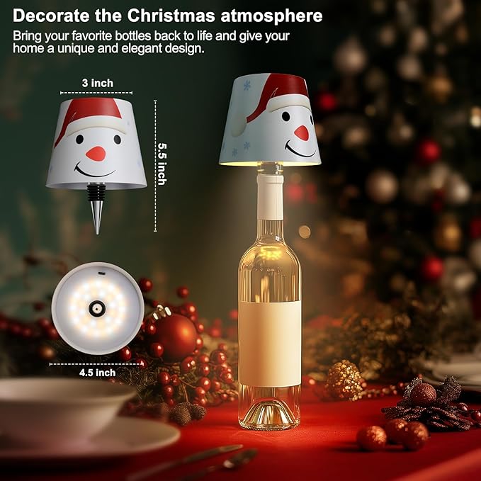 Wireless Bottle Lamp Shade,Rechargeable LED Portable Cordless Table Lamp, 3 Colors Stepless Dimming Touch Wine Bottle Lights for Outdoor Bars Dining Bedroom (Snowman)