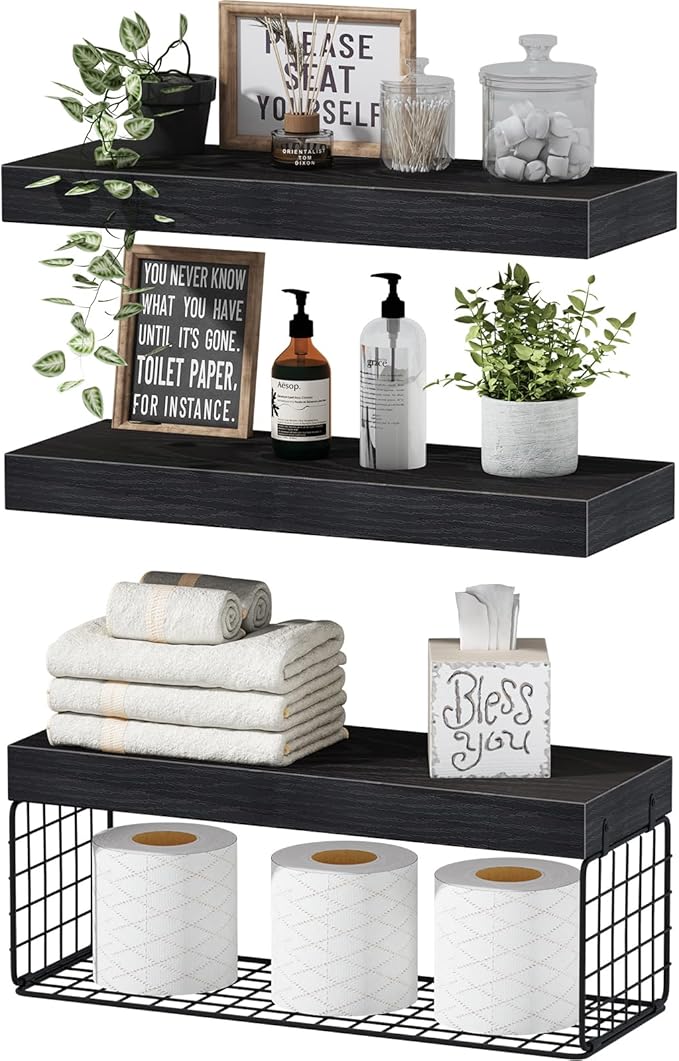 QEEIG Black Bathroom Shelves Over Toilet Wall Mounted Floating Shelves Farmhouse Shelf Toilet Paper Storage Small 16 inch Set of 3 (019-B3)