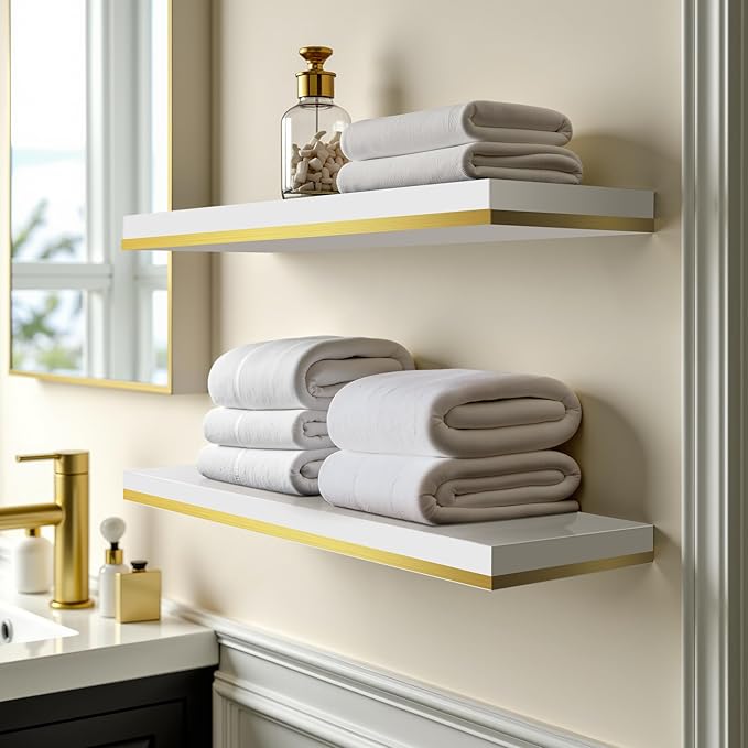 Gronda Floating Shelves for Wall, 23.6 Inch White Floating Shelves Modern Home Decor Hanging Storage Organizer with Invisible Bracket Wall Mount for Bedroom Living Room Bathroom Kitchen, Set of 2