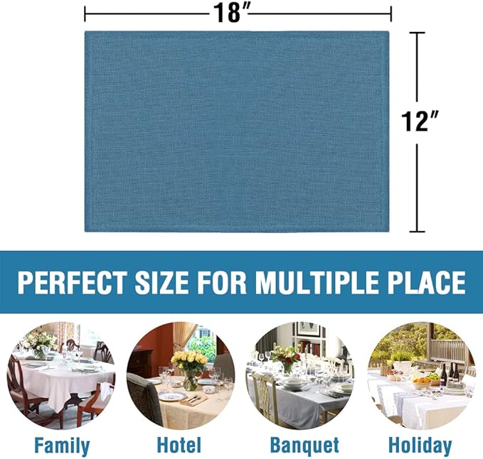 H.VERSAILTEX Linen Placemats Set of 6 Premium Solid Table Mats for Dining Table Spill-Proof Waterproof Heat-Resistant Kitchen Mats Washable, 12x18 inches, Ink Blue