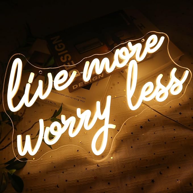 Live More Worry Less Neon Sign for Wall Decor, Warm White Led Signs for Room, USB Dimmable Neon Lights for Bedroom Home Living Room Party Cafe Business Pub Motivational Wall Art