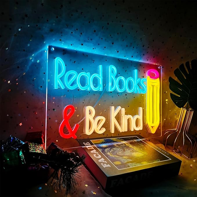 Read Books and Be Kind Neon Sign for Wall Decor, Dimmable LED Reading Sign Classroom, USB Books Neon Light for Reading Room Library Book Party Decoration, 15”x 9.2”