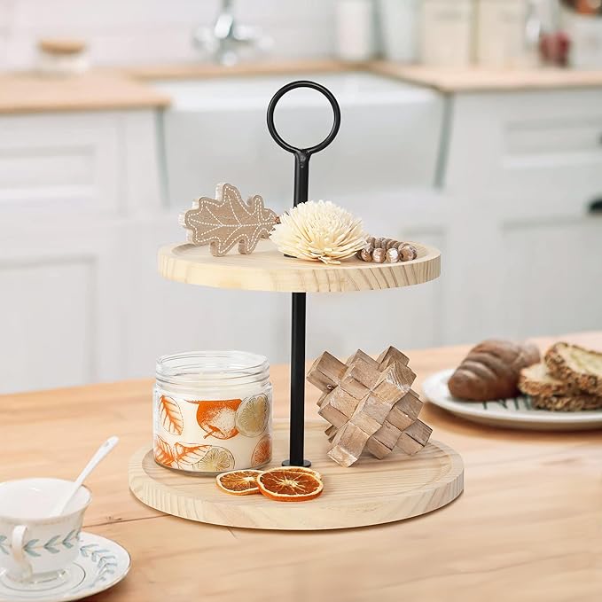 Decorative Wooden Tiered Tray Stand - Beautiful Two Tiered Coffee Table Serving Tray Enhances Your Seasonal Modern Farmhouse Decor - The Perfect Centerpiece for Your ChristmasTable Decorations