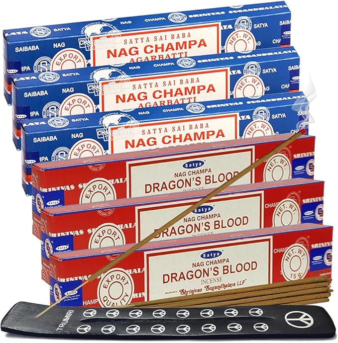 Nag Champa Dragons Blood Incense Sticks & Holder Bundle Variety Pack from House of Satya Incense Sticks and Trumiri