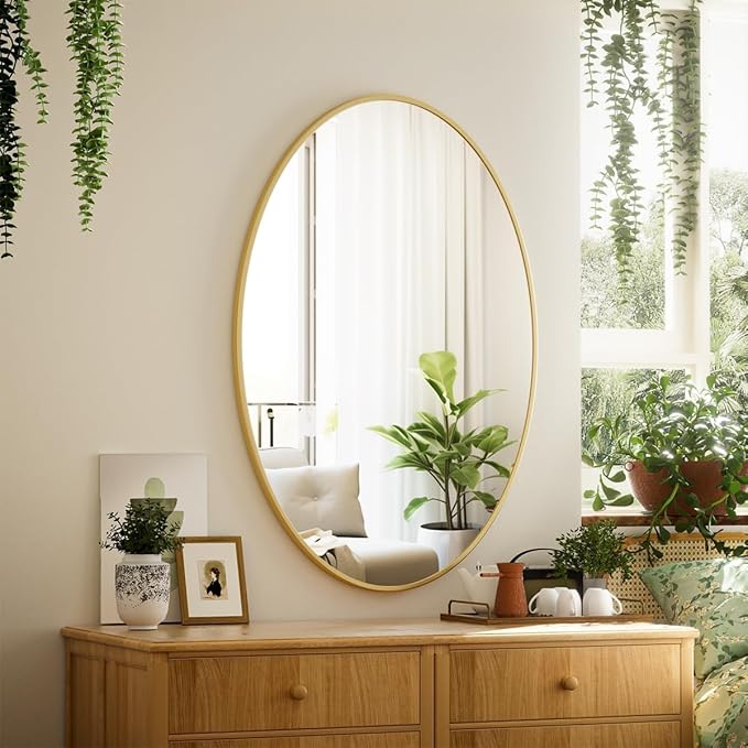 Gold Oval Bathroom Mirror, 24 x 32 inch Modern Oval Wall Mounted Vanity Mirror with Tempered Glass Hanging Horizontally or Vertically, Gold