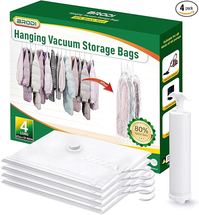 Hanging Vacuum Storage Bags For Clothes With Hand Pump,Coat Storage Bag Hanging,Vacuum Bags For Clothes,Space Saver Vacuum Storage Bags,Garment, Clothing, Dress, Suit, Long Coat, Jacket(Long 4 Pack)