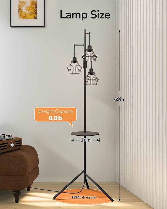 ULG 3-Light Floor Lamp with Shelves 69-Inch Vintage Standing Lamp with 3 Caged Edison Bulbs 2700K Warm White Smooth Dimming Modern LED Floor Light for Living Room, Home Office, Bedroom, Matte Black
