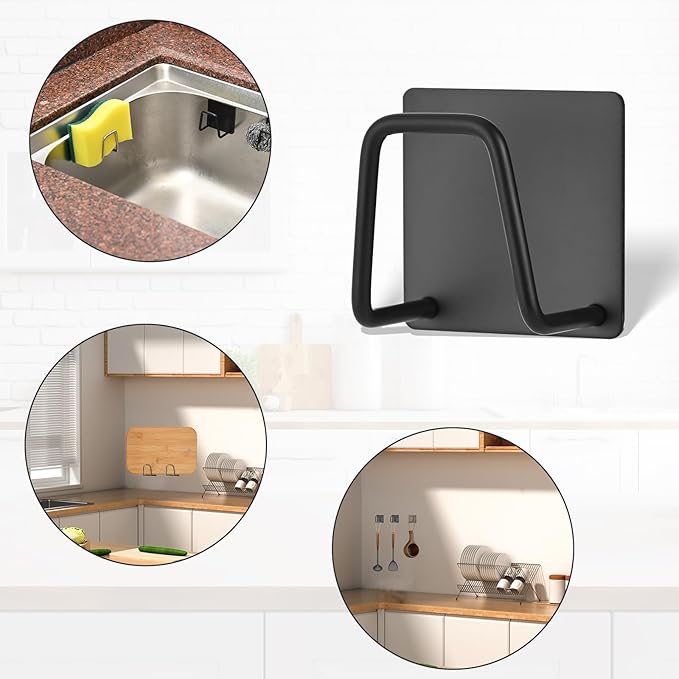 Adhesive Sponge Holder for Kitchen Sink, SUS304 Stainless Steel Scrubber Hanger Sink Caddy Accessories Storage Drain Rack Stand for Scratch Scrub Dishcloth Dishrag Steel Wool Strainer Stopper