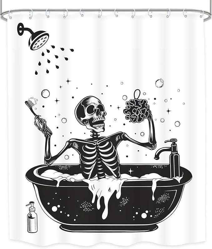 LGhtyro Funny Skull Shower Curtain Bathroom Set 71Wx71H Inches Black White Gothic Skeleton Bone Bathing in Bathtub Bubbles Spooky Cool Bath Accessories for Men Boys Art Home Decor Fabric 12 Pack Hooks