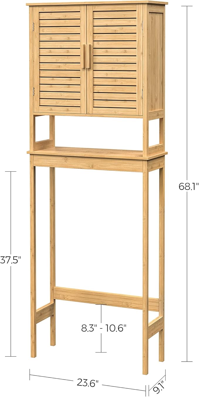 SONGMICS Over The Toilet Storage Cabinet, Bathroom Cabinet with Adjustable Inside Shelf and Bottom Stabilizer Bar, Space-Saving Toilet Rack, Natural Beige UBTS010N01
