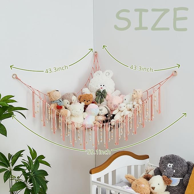 Pretty Jolly Stuffed Animal Storage Hammock with Wooden Beads Corner Hanging Net Boho Tassel for Toy Plush Holder for Kid Room Nursery Decor Wall Display Organizer for Girls Boy Gift(Leather Pink)