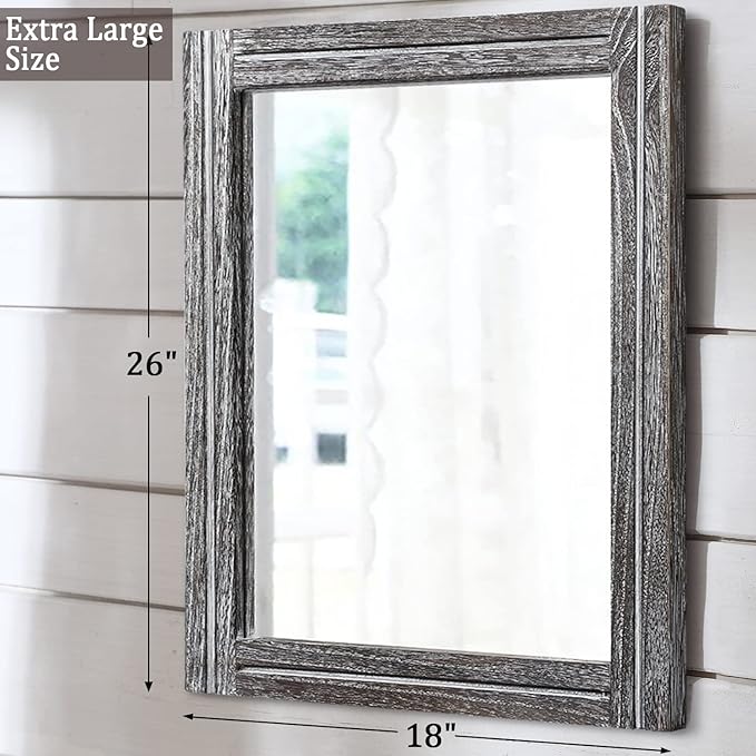 AAZZKANG Rustic Mirror Large 26"x18" Wood Framed Wall Mirrors Rectangle for Bedroom Bathroom Farmhouse Living Room Home Entryway Hanging