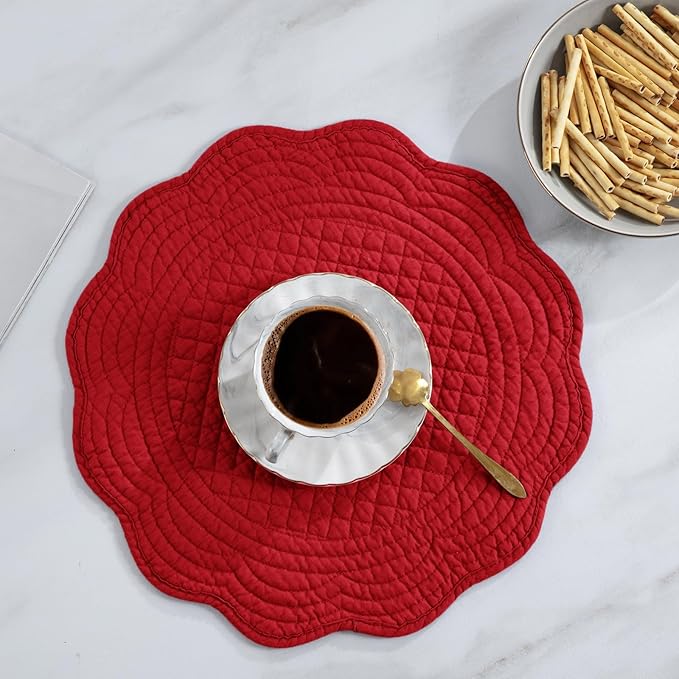HOMBYS Quilted Placemats Set of 6 Washable Round Placemats for Kitchen Table-100% Cotton Fabric 13 Inch Round Table Mats, Cotton Fabric with Microfiber Filling, (13"x13", Red)