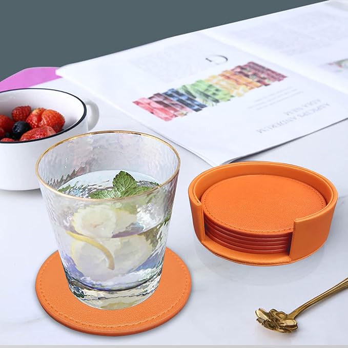 Coasters Set of 6 Soft Leather Drink Coaster Round Coaster with Sewing Around, Suitable for Various Cups, Wooden Tables,Home Decoration,4 Inches (Orange,Sewing Type)