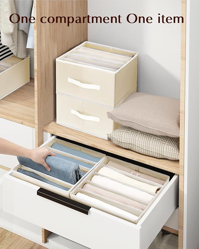 Clothes Organizers and Storage - Fabric Jeans Organizer with Handles, Foldable Drawer Dividers for Clothes, Closet Shelf Organizer for Shirts, Bra, Sweater, Scarf, 4 Pack, Pale Yellow