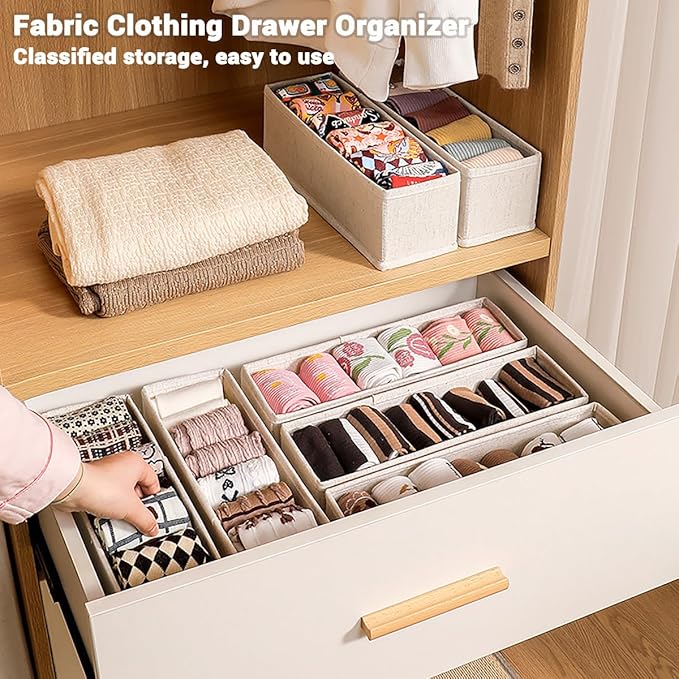 MURRI&MURRDI Mini Foldable Clothes Drawer Organizer 6 Pcs, Fabric Drawer Organizer for Nursery, Small Drawer Fabric Organizer for Clothing, Sock Underwear Bra Belt Tie Scarves Drawer (6 Light Beige)