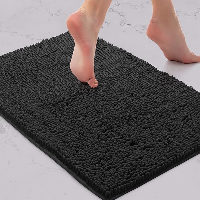 LuxUrux 2 Piece Bathroom Rug Set - Premium Plush Bath Mat Shower Rugs, 1" Chenille Microfiber, Non-Slip & Absorbent, Soft & Cozy, Durable Stylish (20x30 & 16x24 inches, Black)