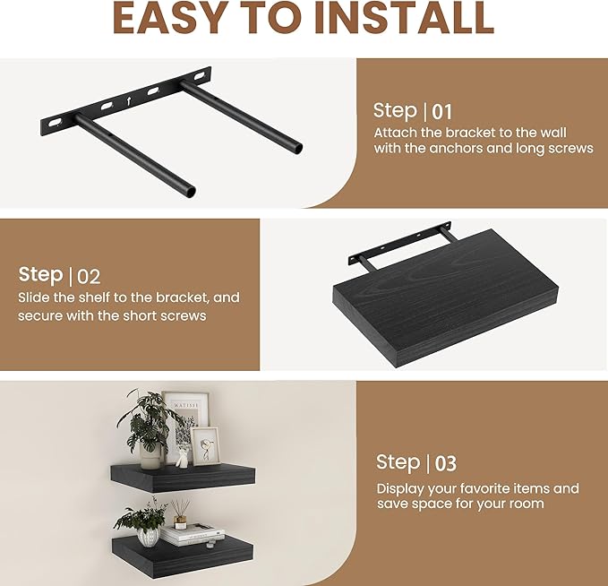 Fun Memories 9 Inch Deep Black Floating Shelves, Farmhouse Rustic Natural Wood Floating Shelf Wall Mounted, 16 x 9 Wall Shelves Set of 2, Deep Black Bathroom Shelves