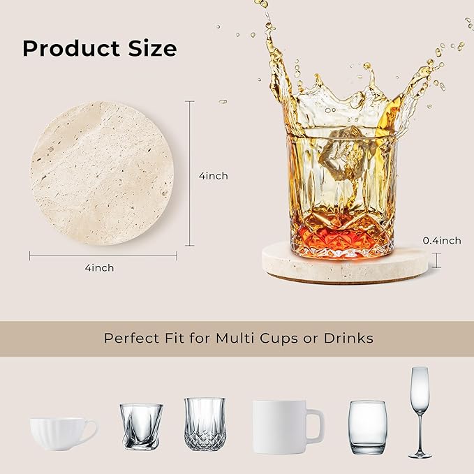 WORHE Natural Travertine Marble Coasters Set of 4-4" Round Stone Drink Coasters, Non-Slip Cork Backing, Housewarming Gift, Wedding, Protect Tables from Stains & Scratches (BD140)