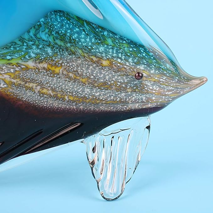 Hophen Art Glass Tropical Angel Swallow Fish Blown Handmade Sea Animal Figurine Sculpture Home Decor Collectible Statue Paper Weight Gift Ornament (Blue and Black)