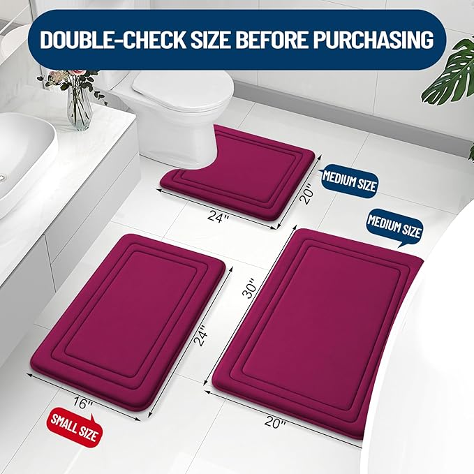 Grandaily Memory Foam Bath Mat Rug 36x24, Ultra Soft, Non-Slip and Absorbent Bathroom Rugs, Machine Wash Dry, Comfortable Bath Carpet for Bathroom Floor, Tub and Shower, Burgundy