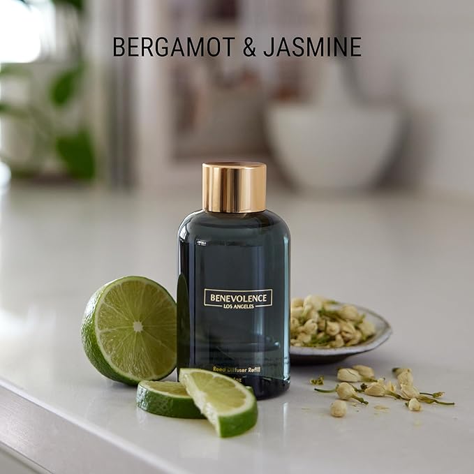 Benevolence LA Bergamot & Jasmine Reed Diffuser Oil Refill | Long Lasting Home Fragrance for Bathroom and Bedroom | Essential Oils for Relaxation - 4 oz