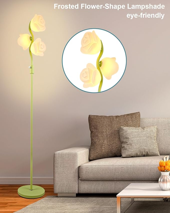 Dimmable Green Floor Lamp, Unique Cute Flower Standing Lamps with 3 Globe Soft Warm White 3000K Bulbs, Mid Century Modern Floor Lamp for Living Room Bedroom Home Decor