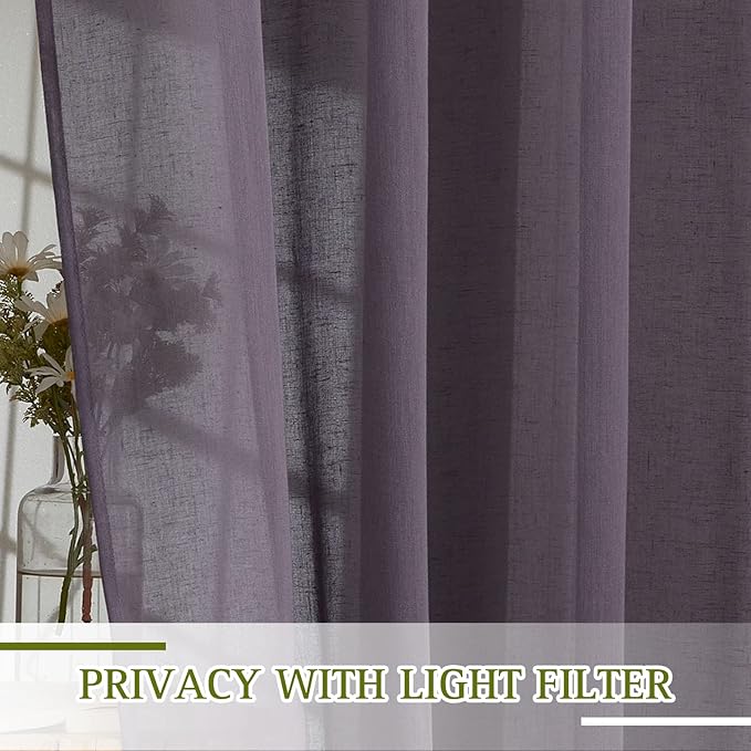 NICETOWN Flax Linen Sheer Curtains for Patio Sliding Door, Grommet Semi Sheer Linen Blend Curtains Privacy Drapes with Light Filter for Villa/Cottage, W70 x L84, Purple Brown, 1 Pair