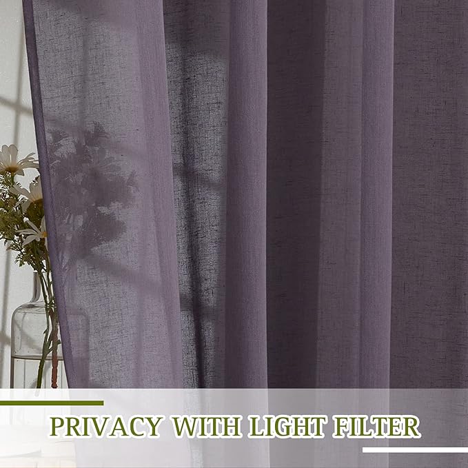NICETOWN Cafe Curtains 45 inch Length, Grommet Linen Sheer Curtains Semitransparent Privacy with Light Filtering Window Drapes for Small Window, Purple Brown, W52 x L45, 2 Panels