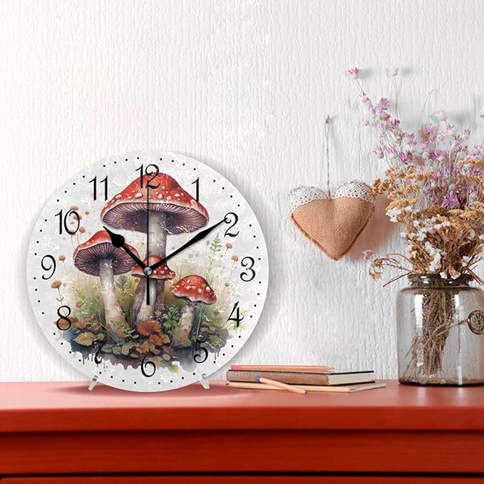 ALAZA Wall Clock Red Mushrooms Silent Non-Ticking Decorative Wall Clocks Battery Operated 10 Inch for Home Living Room Kitchen Bathroom Bedroom