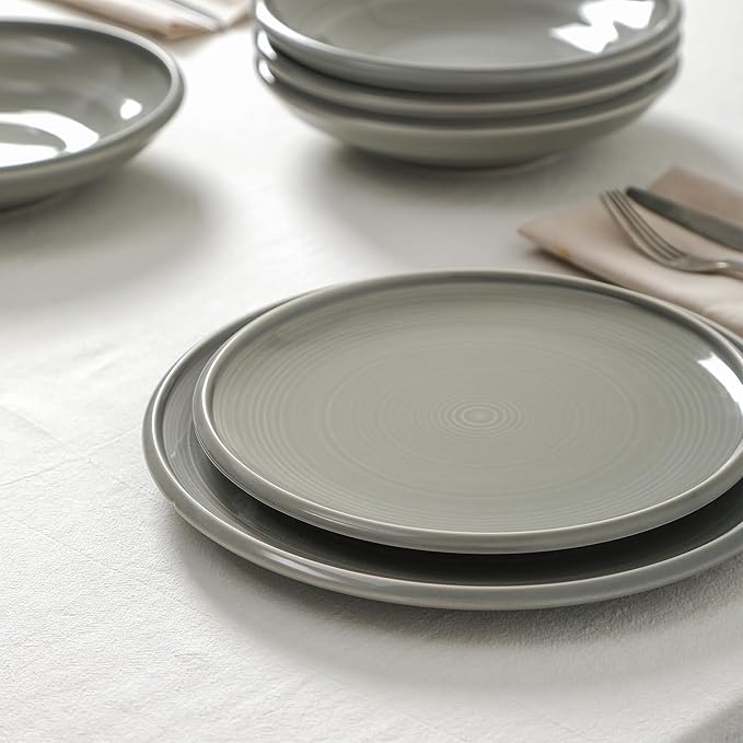 Earth & Clay Harmony 12-Piece Dinnerware Set Stoneware, Plates and Bowls Set, Includes Dinner and Salad Plates, Cereal Bowls, Dishwasher and Microwave Safe, Dishes for 4, Grey