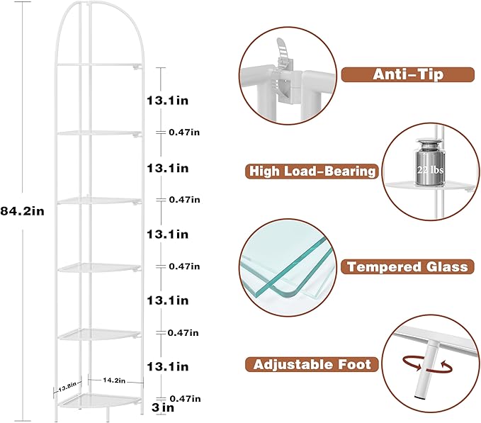 Crofy Foldable 6 Tier Corner Shelf, Metal Corner Plant Stand with White Frame and Transparent Shelves, Corner Display Rack Multipurpose Shelving Unit for Living Room, Bedroom, Bathroom