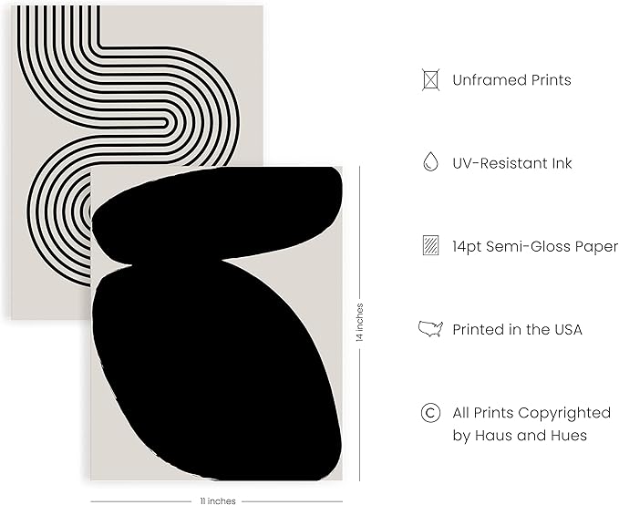 HAUS AND HUES Black Abstract Painting Aesthetic Wall Art- Set of 6 Modern Abstract Wall Art, Black and Gray One Line Abstract Art, Geometric Print Wall Art, Minimalist Wall Art (11x14, Unframed)