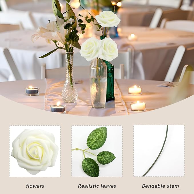 Artificial Flowers Milk White Roses 50PCS Real Looking Foam Fake Roses with Leaves and for DIY Wedding Bouquets Bridal Shower Centerpieces Party Decorations (Ivory)