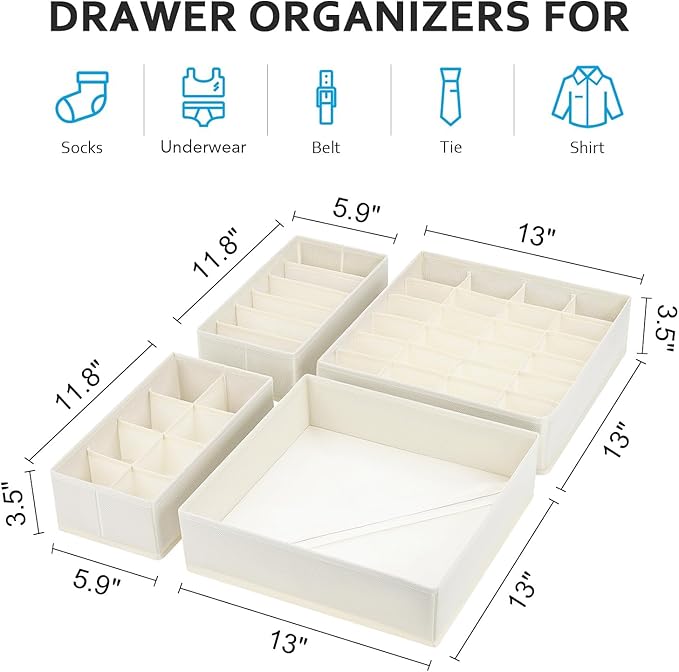 Foldable Underwear and Sock Organizer - Divider Fabric Dresser Drawer Organizer for Socks, Bra, Underwear, Tie, 8 Pack, Beige