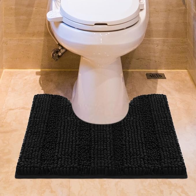 ACCUMTEK Striped Black Toilet Bathroom Rug Mat 24" x 20" Contour Rug Ultra Soft, Non Slip Chenille Bath Rugs, Absorbent Plush Shaggy Bath Mats for Bathroom, Bedroom, Kitchen, Shower, Tub