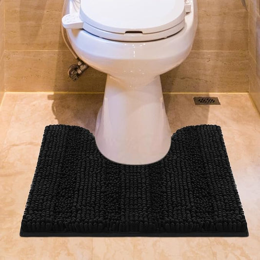 ACCUMTEK Striped Black Toilet Bathroom Rug Mat 24" x 20" Contour Rug Ultra Soft, Non Slip Chenille Bath Rugs, Absorbent Plush Shaggy Bath Mats for Bathroom, Bedroom, Kitchen, Shower, Tub